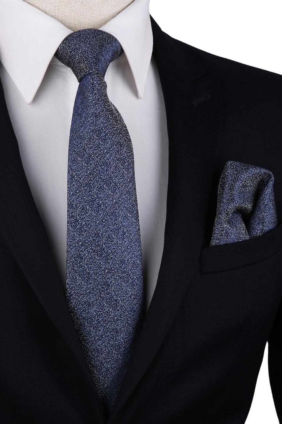 Lacivert Kum Desen Mendilli Klasik Kravat KK10157