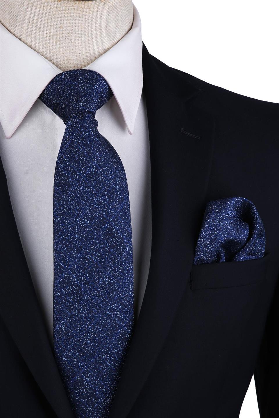 Lacivert Kum Desen Mendilli Klasik Kravat KK10411
