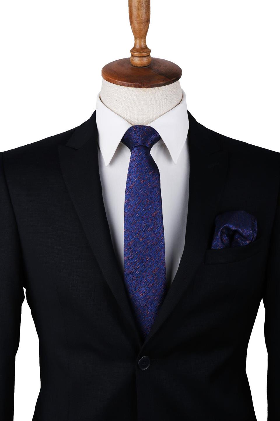 Lacivert Kum Desen Mendilli Klasik Kravat KK10032