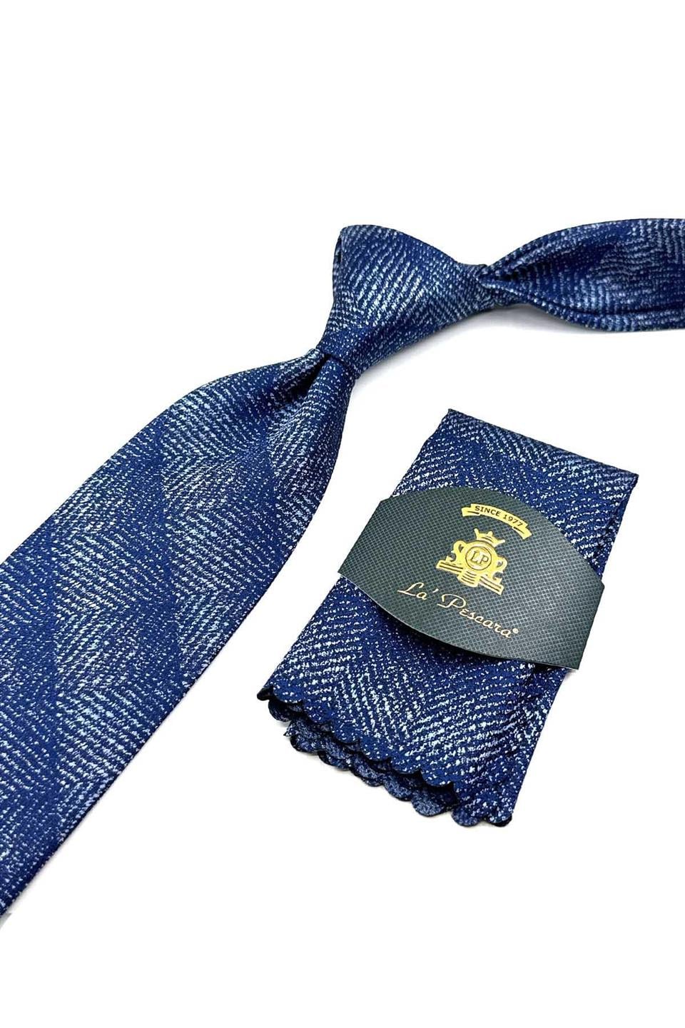 Lacivert Kum Desen Mendilli Klasik Kravat KK12558