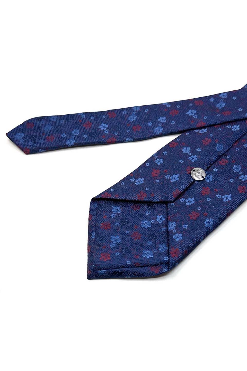 Lacivert - Mavi Çiçek Desen Mendilli Klasik Kravat KK13436