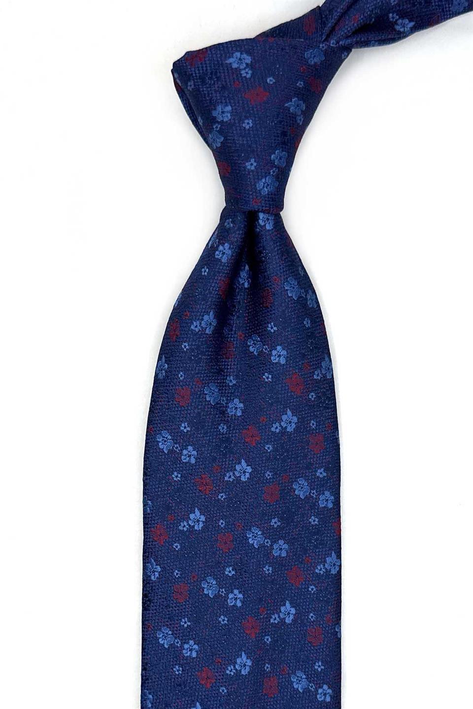 Lacivert - Mavi Çiçek Desen Mendilli Klasik Kravat KK13436