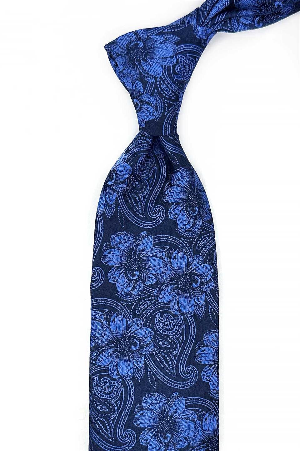 Lacivert - Mavi  Çiçek Desen Mendilli Klasik Kravat KK12945
