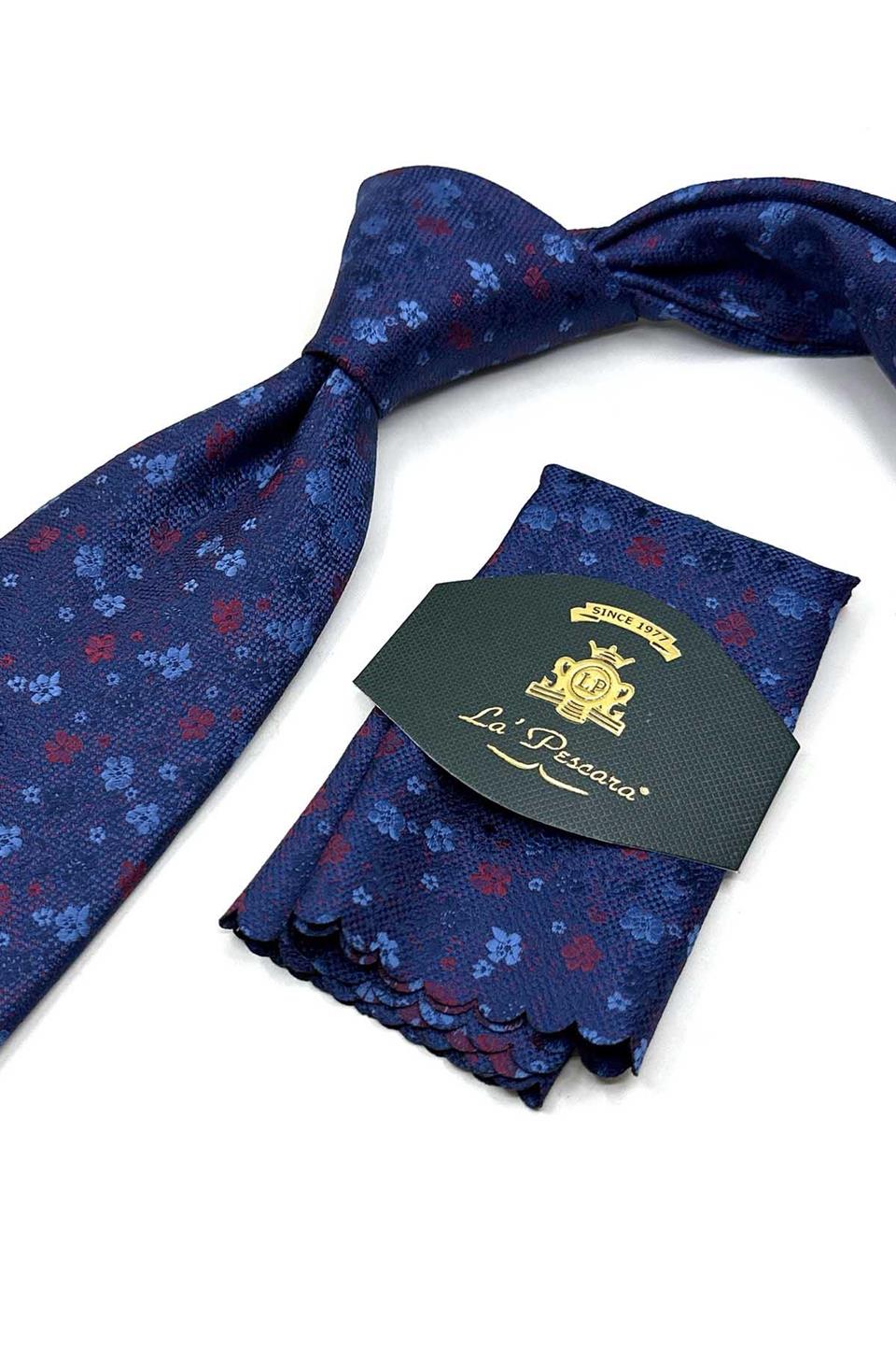Lacivert - Mavi Çiçek Desen Mendilli Klasik Kravat KK13436
