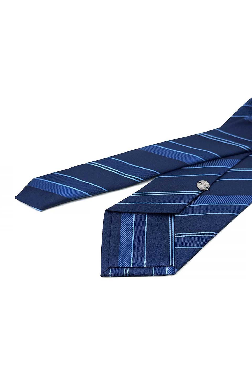 Lacivert - Mavi Çizgi Desen Mendilli Klasik Kravat KK13205