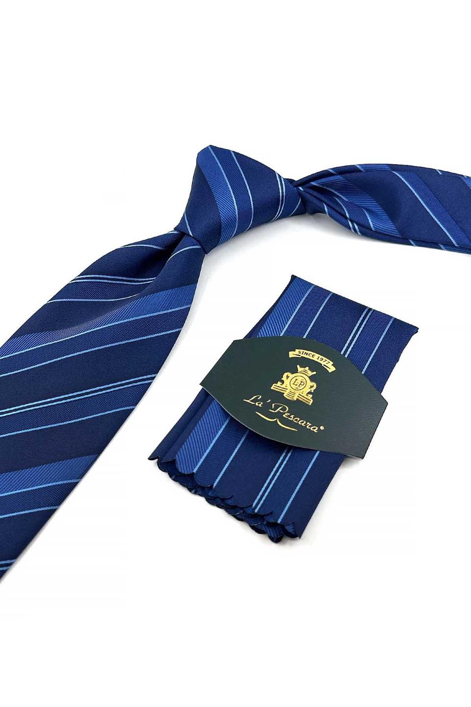 Lacivert - Mavi Çizgi Desen Mendilli Klasik Kravat KK13205