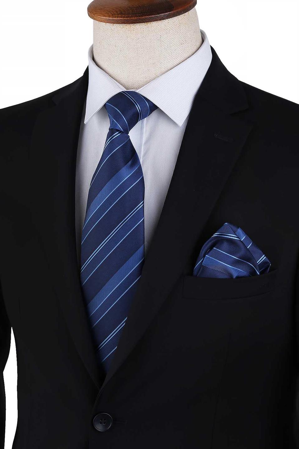Lacivert - Mavi Çizgi Desen Mendilli Klasik Kravat KK13205