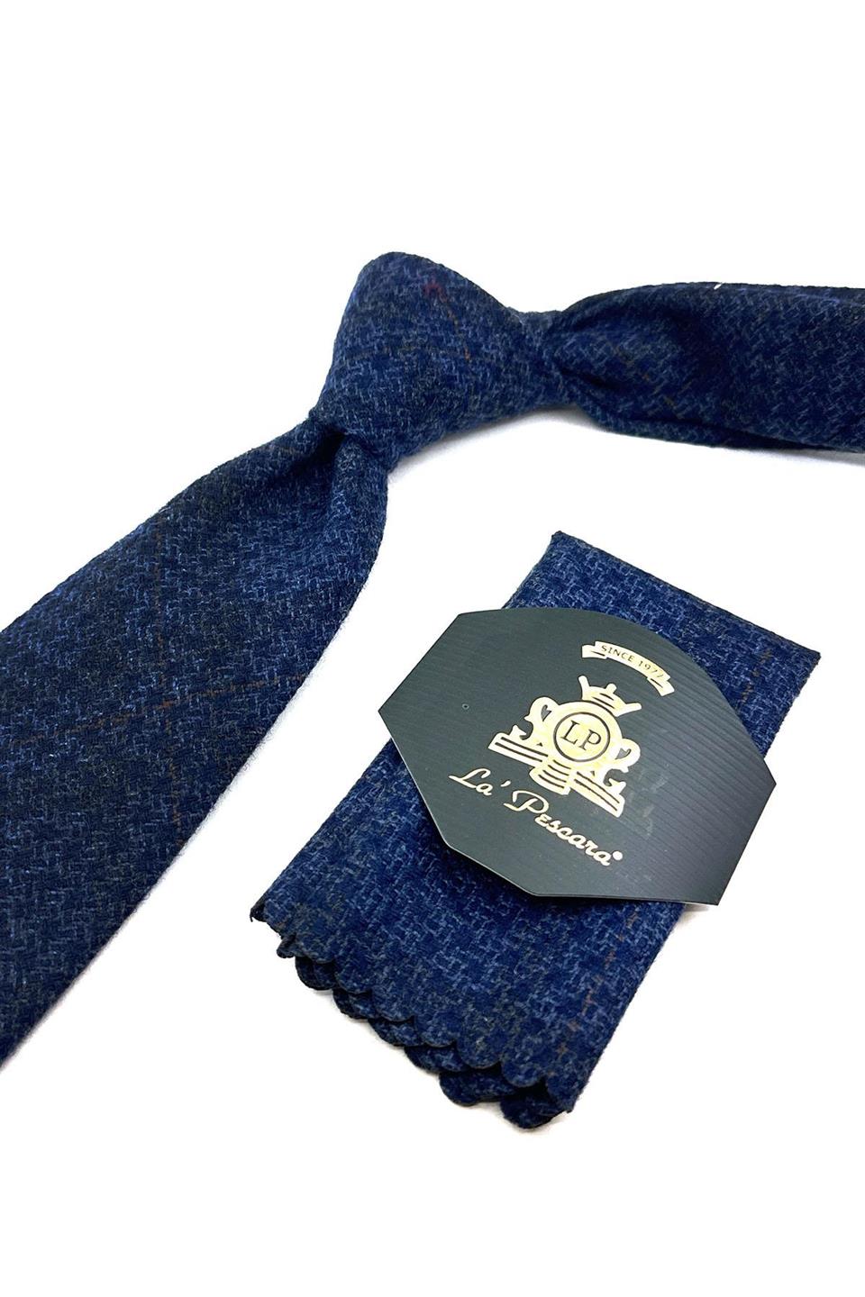 Lacivert - Mavi Ekose Desen Mendilli Klasik Yün Kravat KK12079