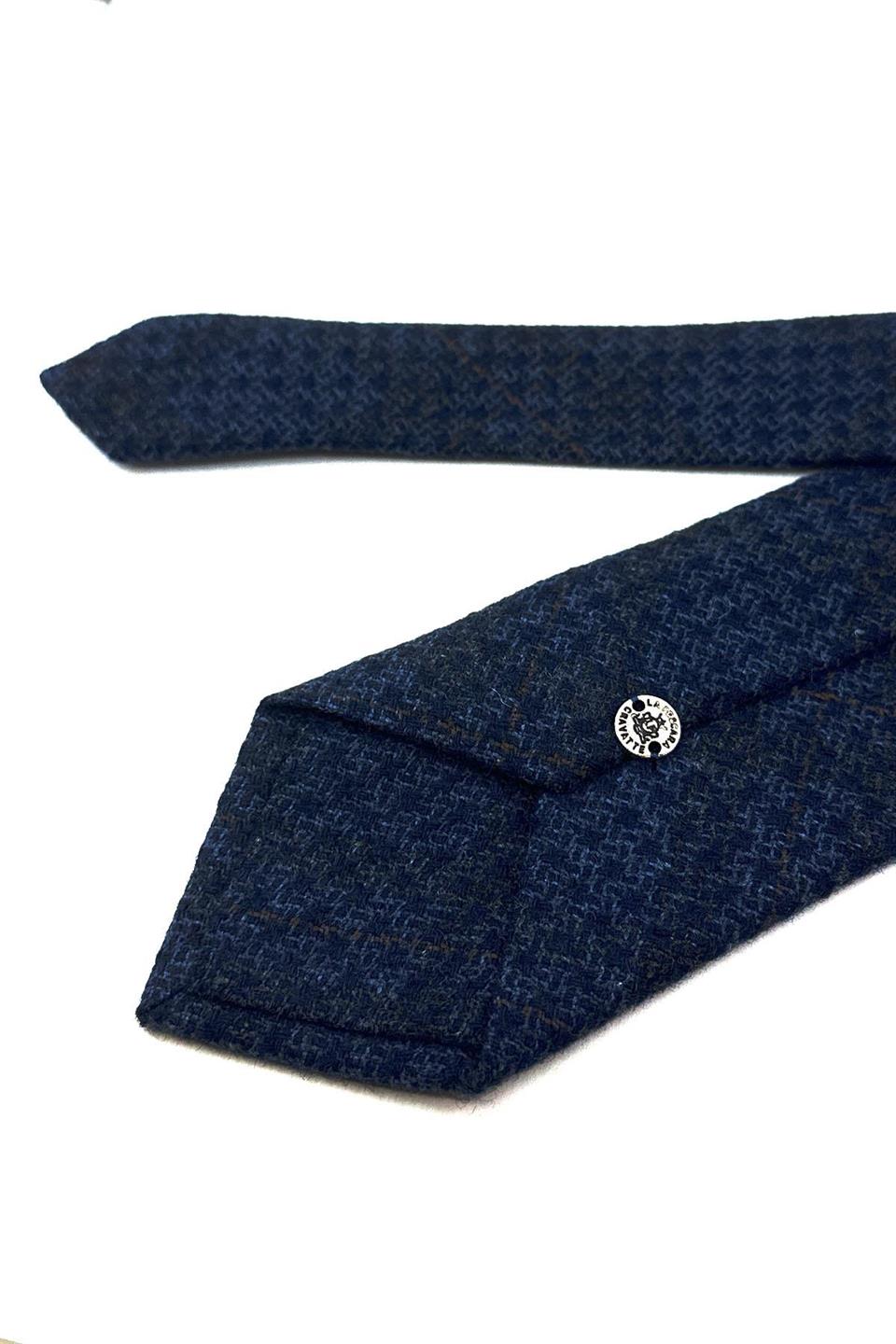 Lacivert - Mavi Ekose Desen Mendilli Klasik Yün Kravat KK12079