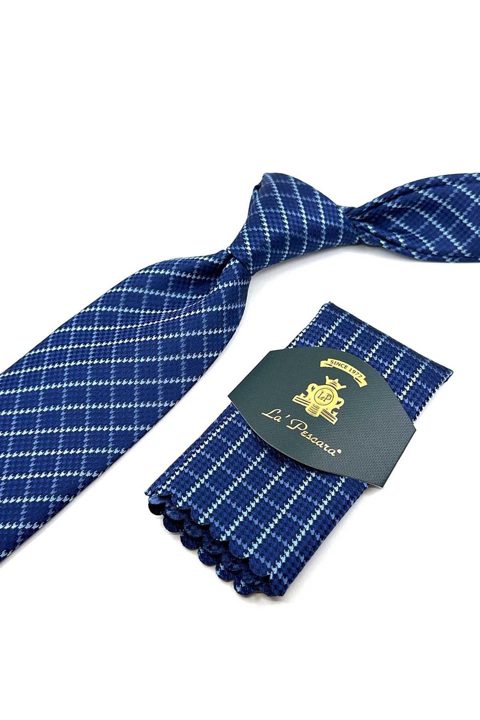 Lacivert - Mavi Kare Desen Mendilli Klasik Kravat KK12301