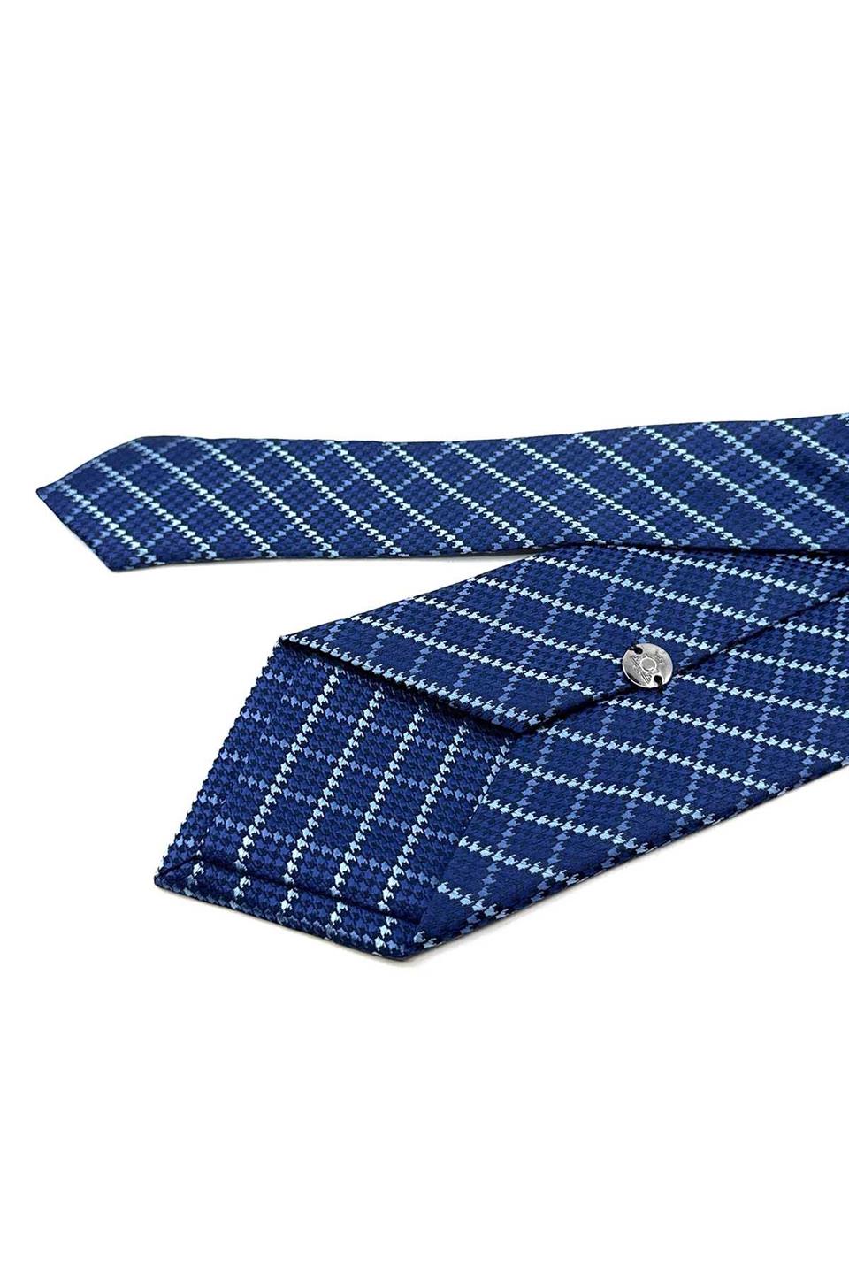 Lacivert - Mavi Kare Desen Mendilli Klasik Kravat KK12301