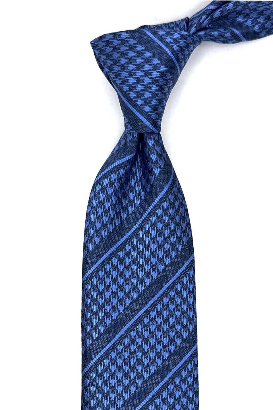 Lacivert - Mavi Kaz Ayağı Mendilli Klasik Kravat KK12845