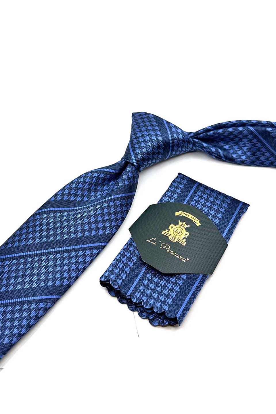 Lacivert - Mavi Kaz Ayağı Mendilli Klasik Kravat KK12845