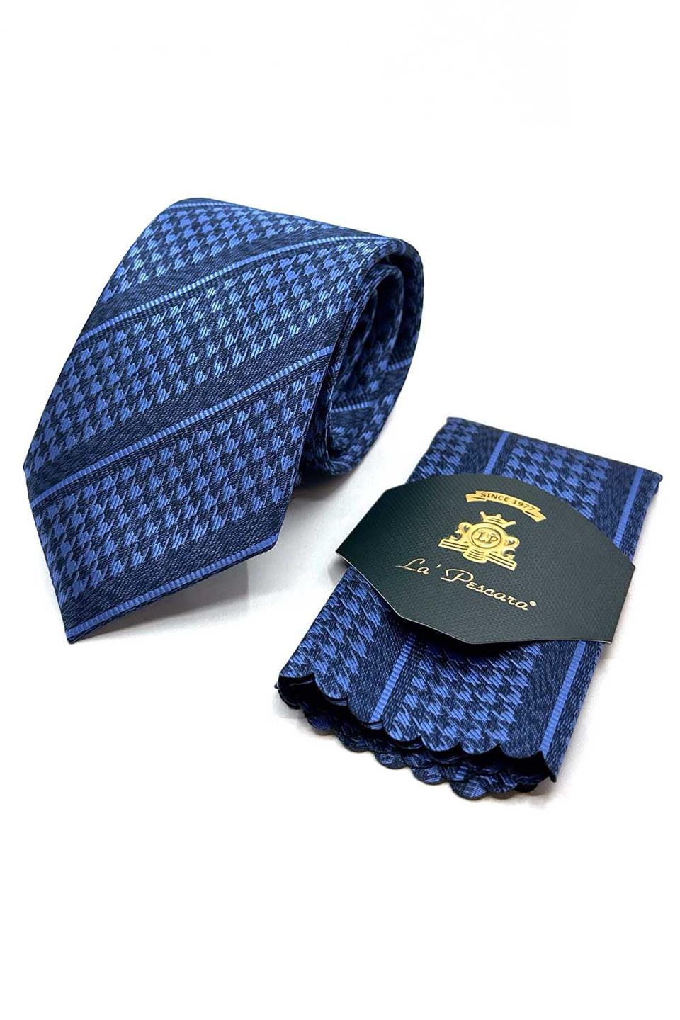 Lacivert - Mavi Kaz Ayağı Mendilli Klasik Kravat KK12845
