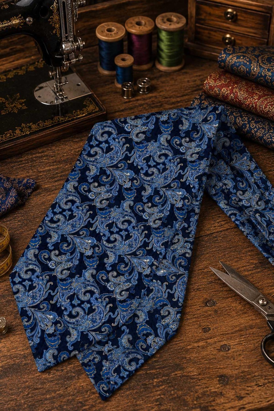 Lacivert Mavi Şal Desen İtalyan İpek Ascot Kravat SAC105