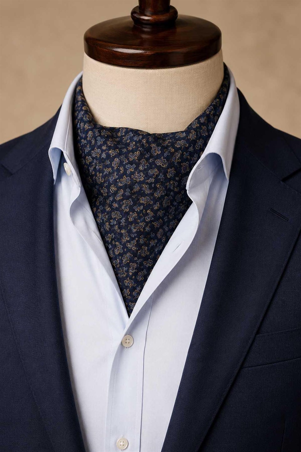 Lacivert Mavi Şal Desen İtalyan İpek Ascot Kravat SAC128