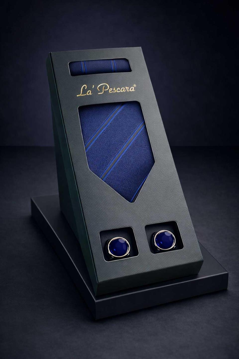 Lacivert Mendilli Klasik Kravat Kol Düğmesi Erkek Hediye Seti OS619