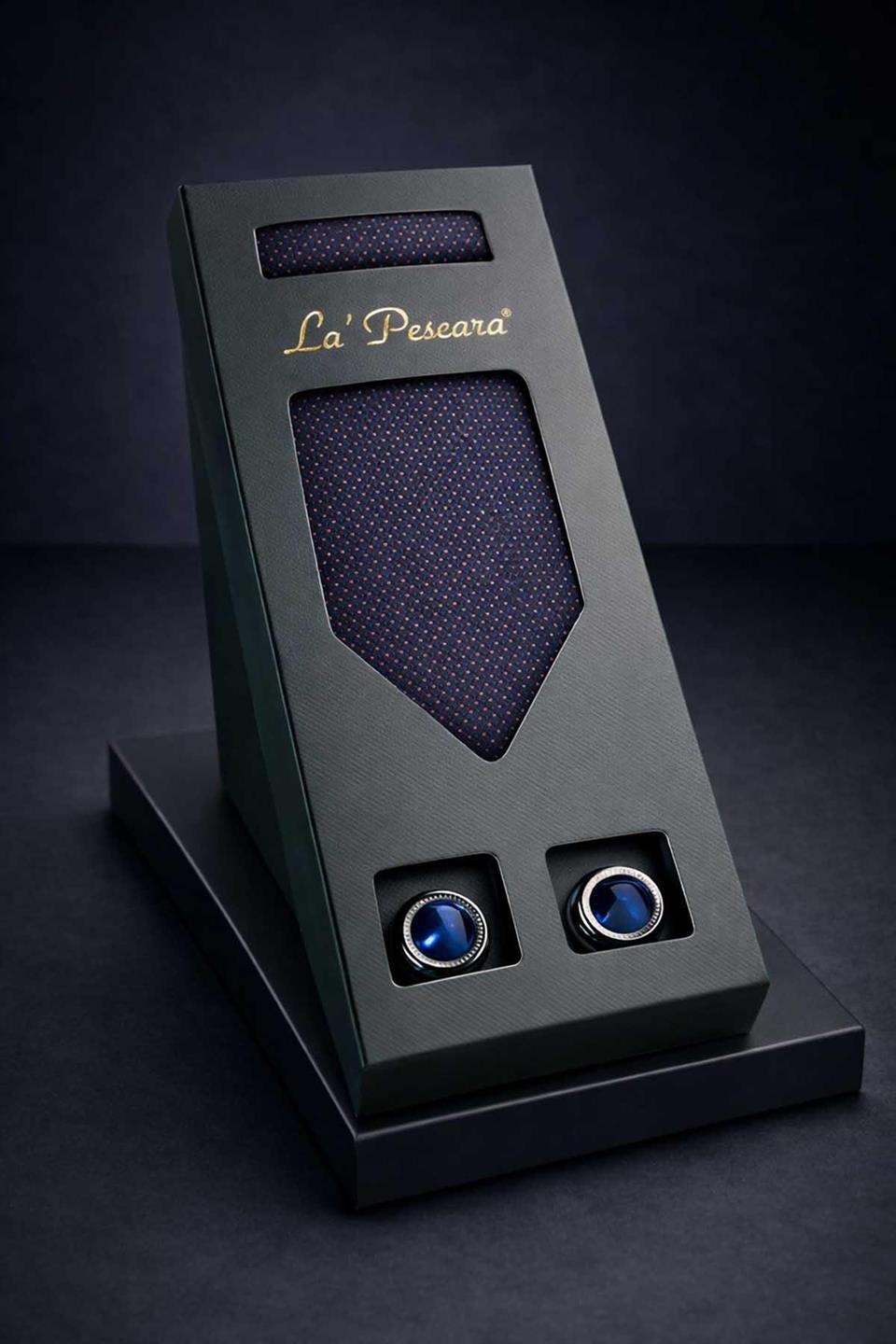 Lacivert Mendilli Klasik Kravat Kol Düğmesi Erkek Hediye Seti OS616