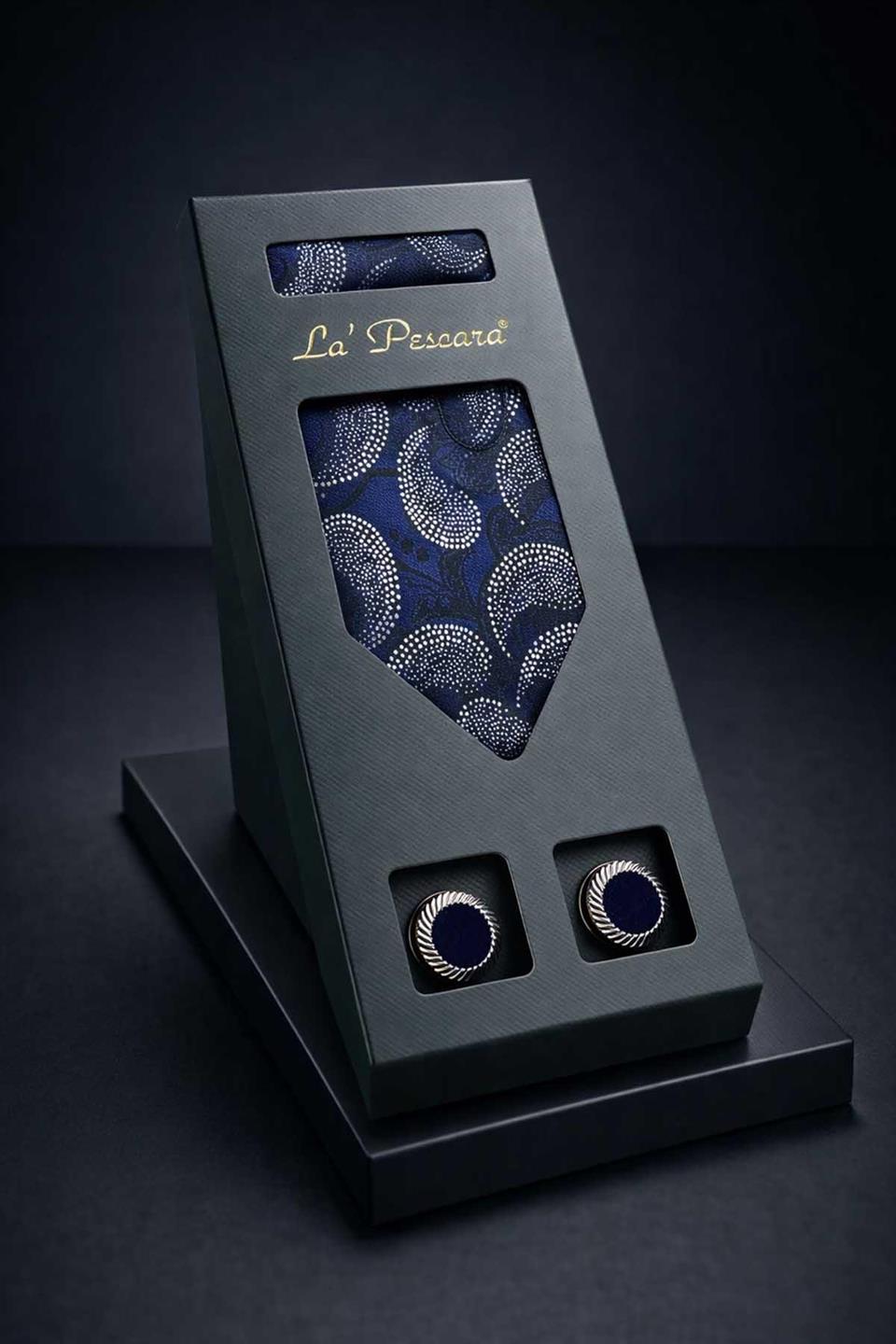 Lacivert Mendilli Klasik Kravat Kol Düğmesi Erkek Hediye Seti OS593