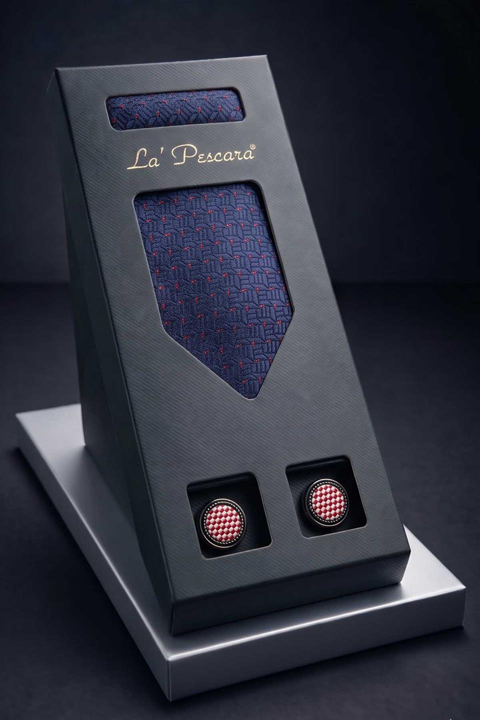 Lacivert Mendilli Kravat Çok Renkli Kol Düğmesi Hediye Seti OS543