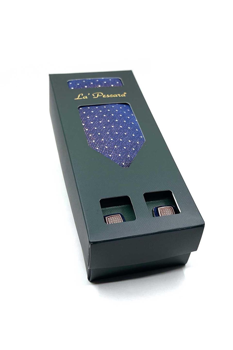 Lacivert Mendilli Kravat Kahve Kol Düğmesi Hediye Seti OS579