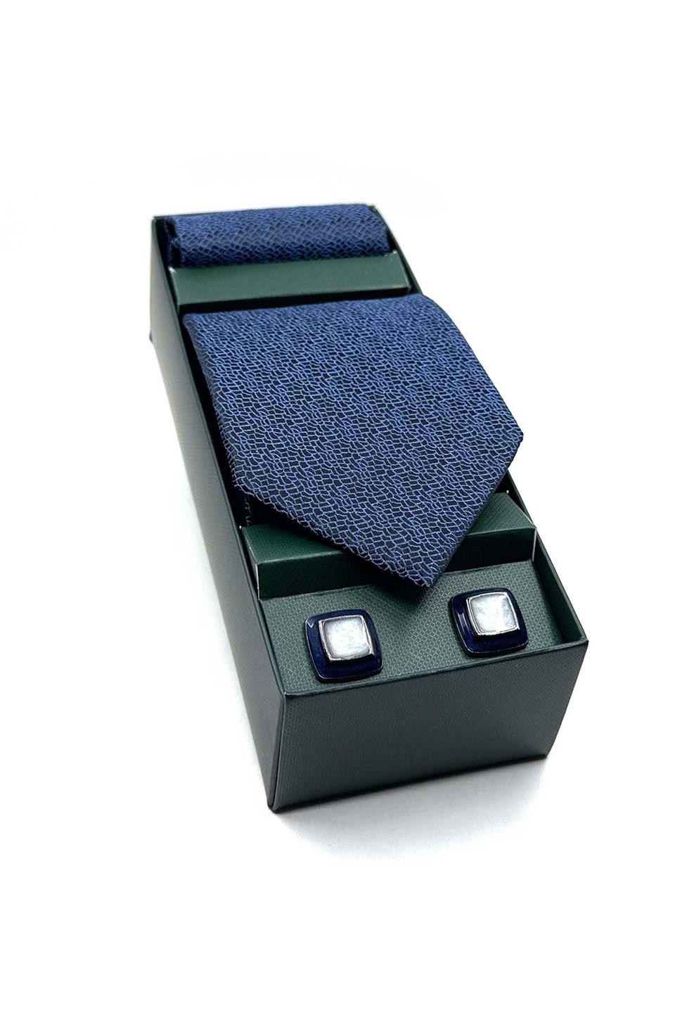 Lacivert Mendilli Kravat Kemik Kol Düğmesi Hediye Seti OS572