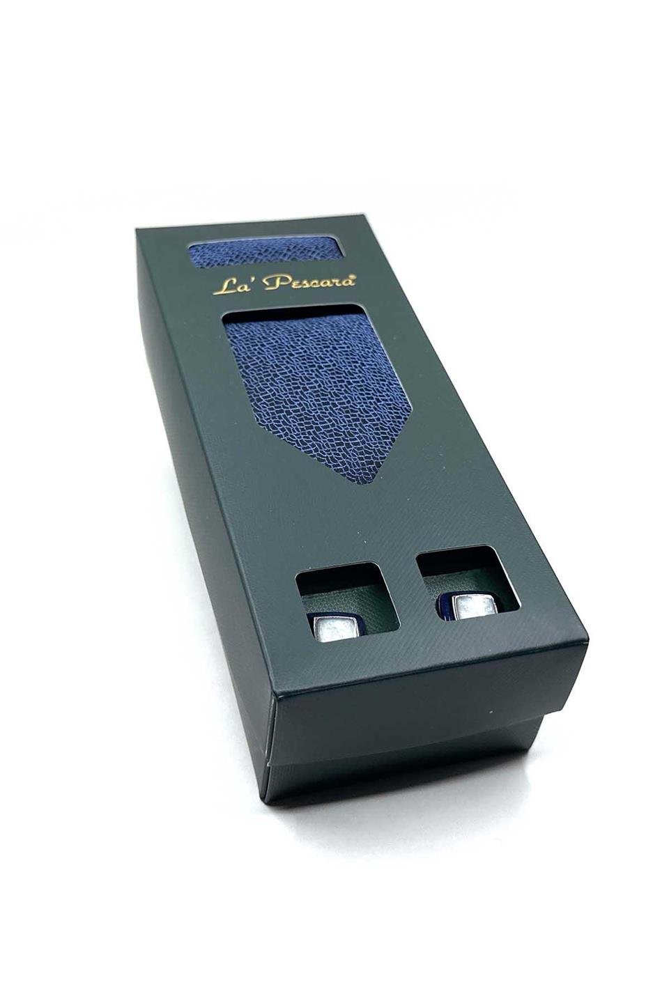 Lacivert Mendilli Kravat Kemik Kol Düğmesi Hediye Seti OS572