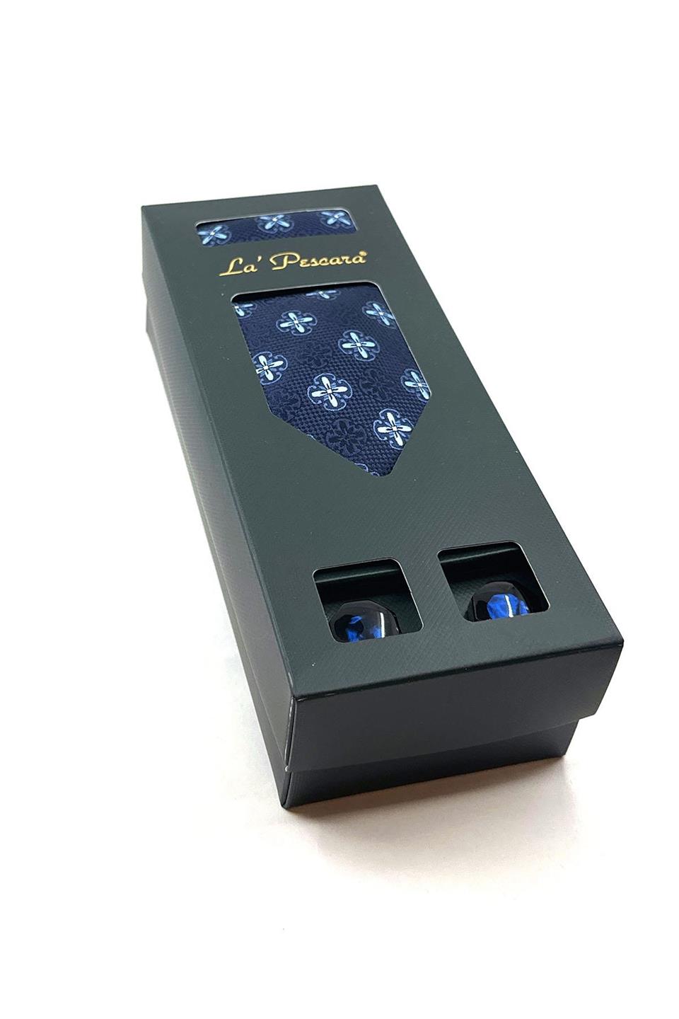 Lacivert Mendilli Kravat Lacivert Kol Düğmesi Hediye Seti OS513