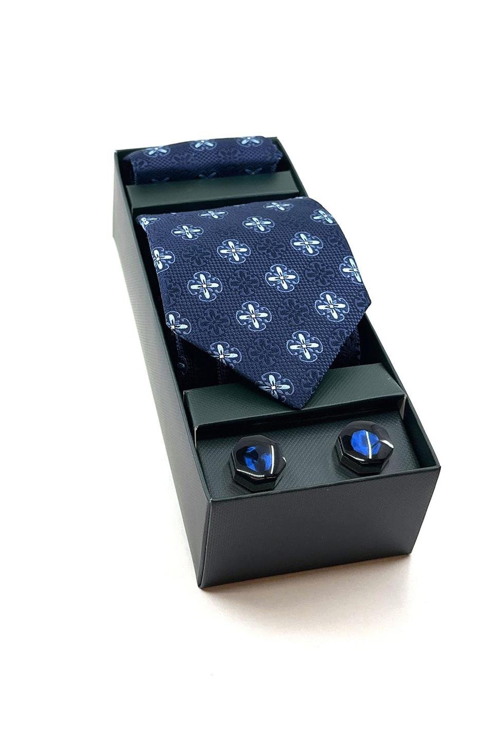 Lacivert Mendilli Kravat Lacivert Kol Düğmesi Hediye Seti OS513