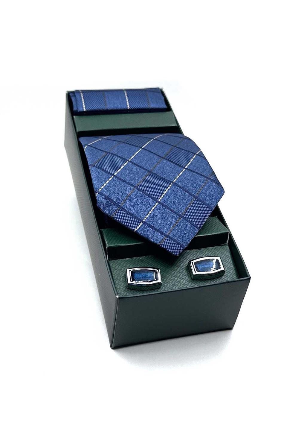 Lacivert Mendilli Kravat Lacivert Kol Düğmesi Hediye Seti OS582