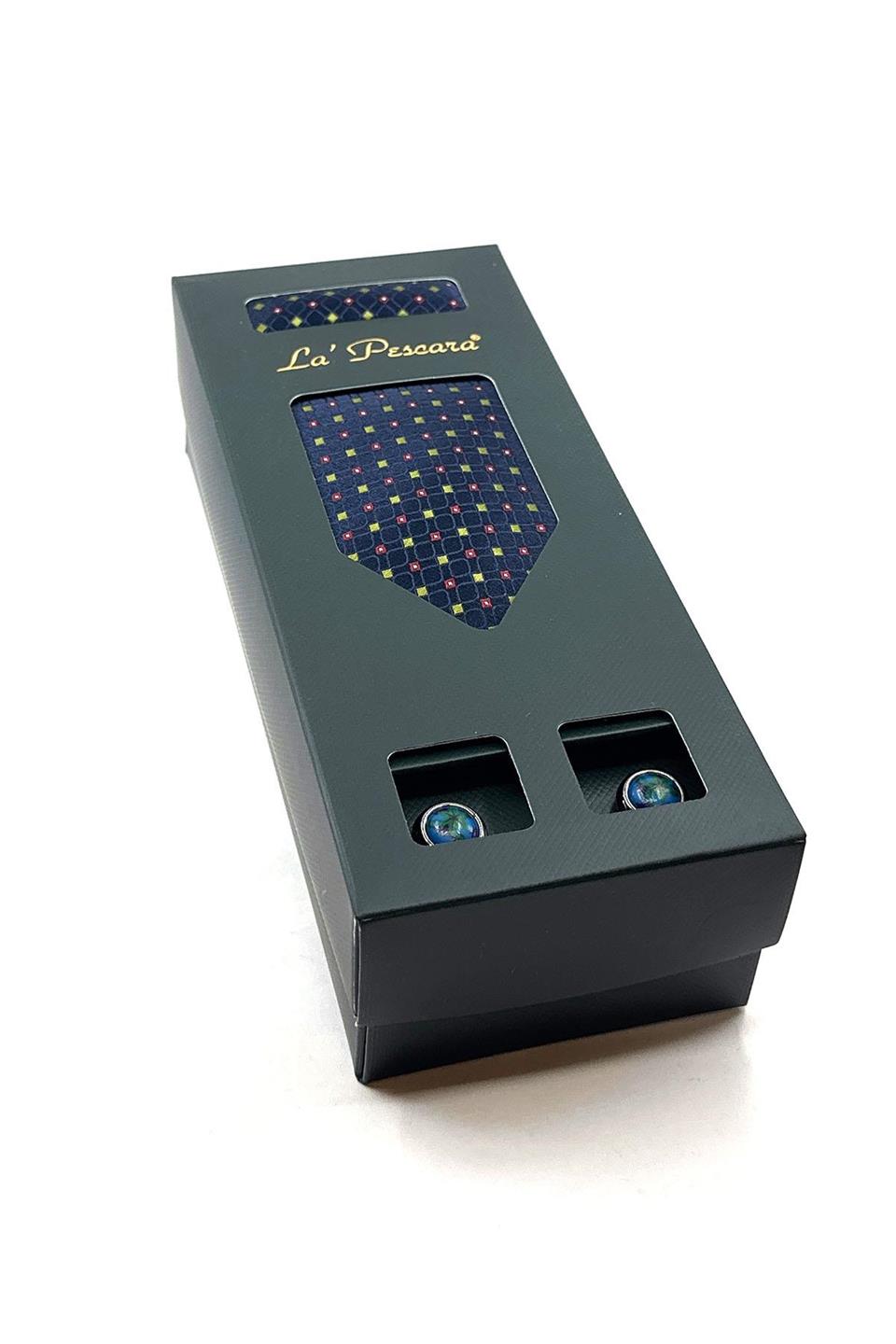 Lacivert Mendilli Kravat Mavi Kol Düğmesi Hediye Seti OS485