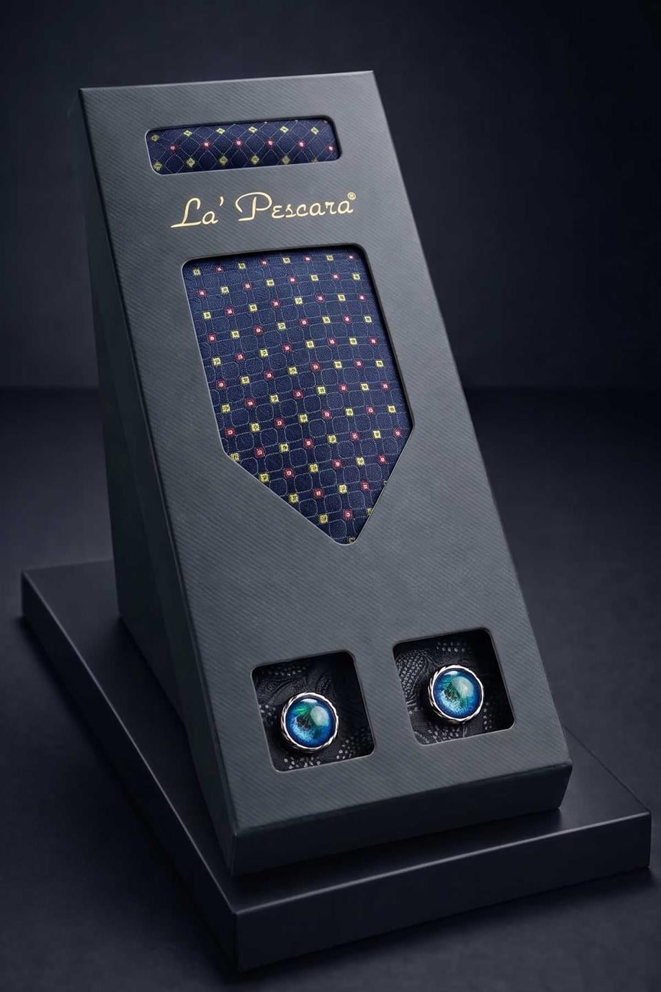 Lacivert Mendilli Kravat Mavi Kol Düğmesi Hediye Seti OS485