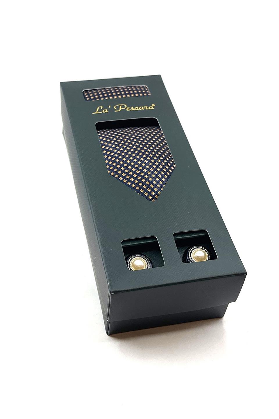 Lacivert Mendilli Kravat Sarı - Laci Kol Düğmesi Hediye Seti OS530