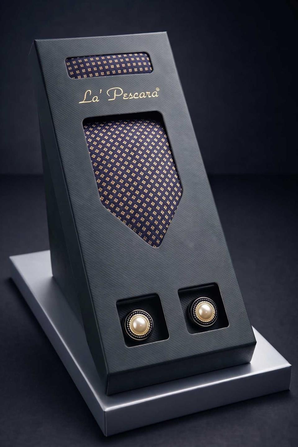 Lacivert Mendilli Kravat Sarı - Laci Kol Düğmesi Hediye Seti OS530