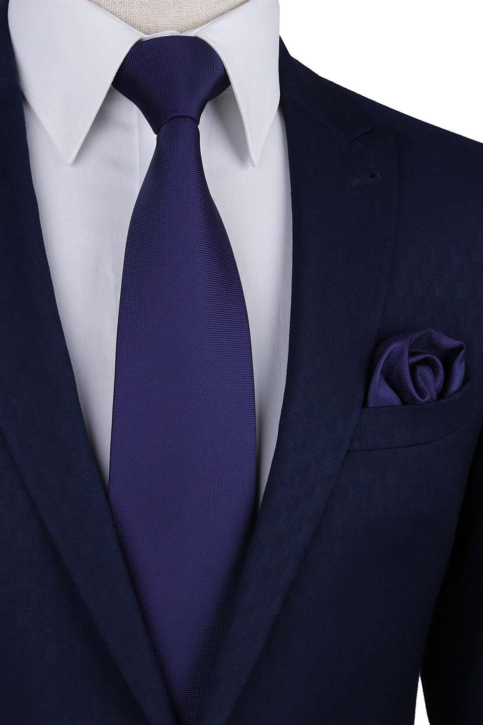 Lacivert - Mor Nokta Desen Mendilli Klasik Kravat KK9204