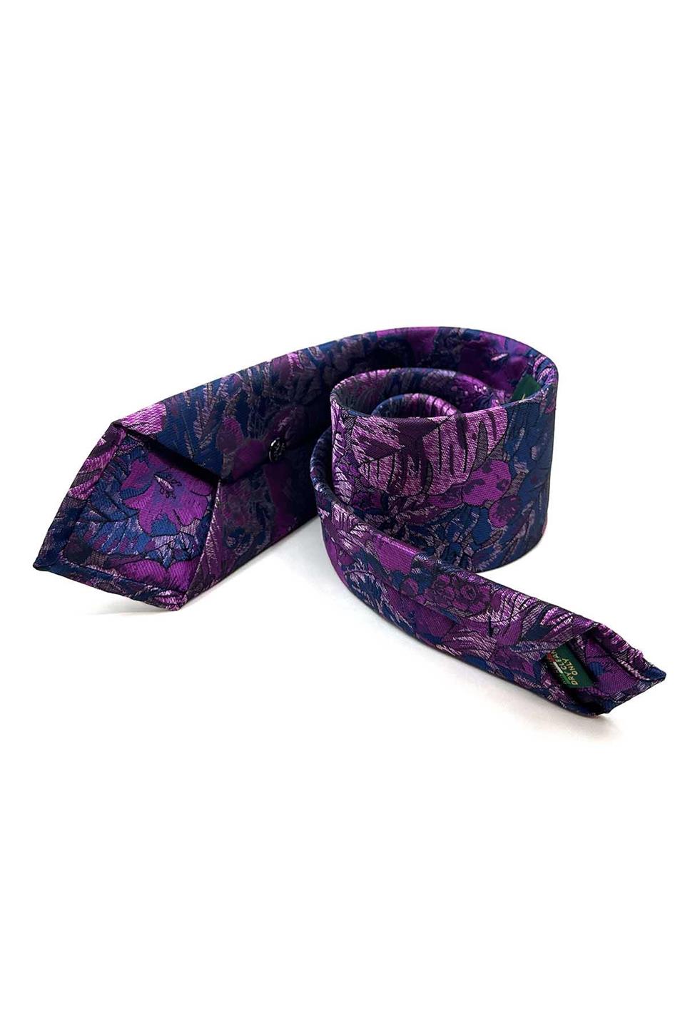 Lacivert - Mor Yaprak Desen Mendilli Klasik Kravat KK13046