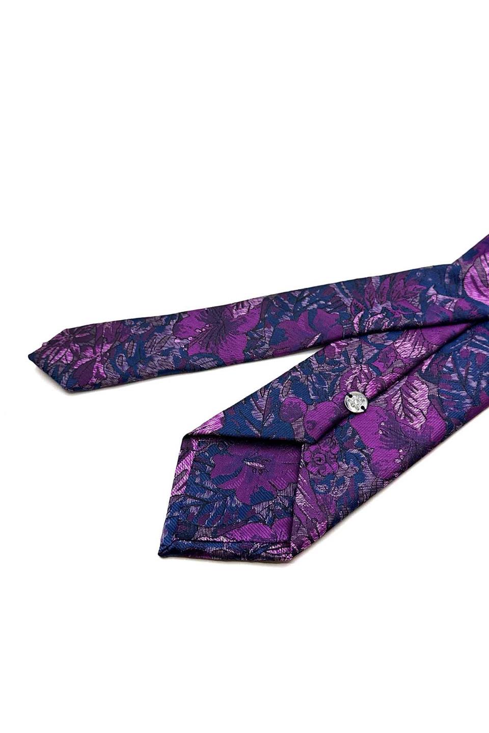 Lacivert - Mor Yaprak Desen Mendilli Klasik Kravat KK13046