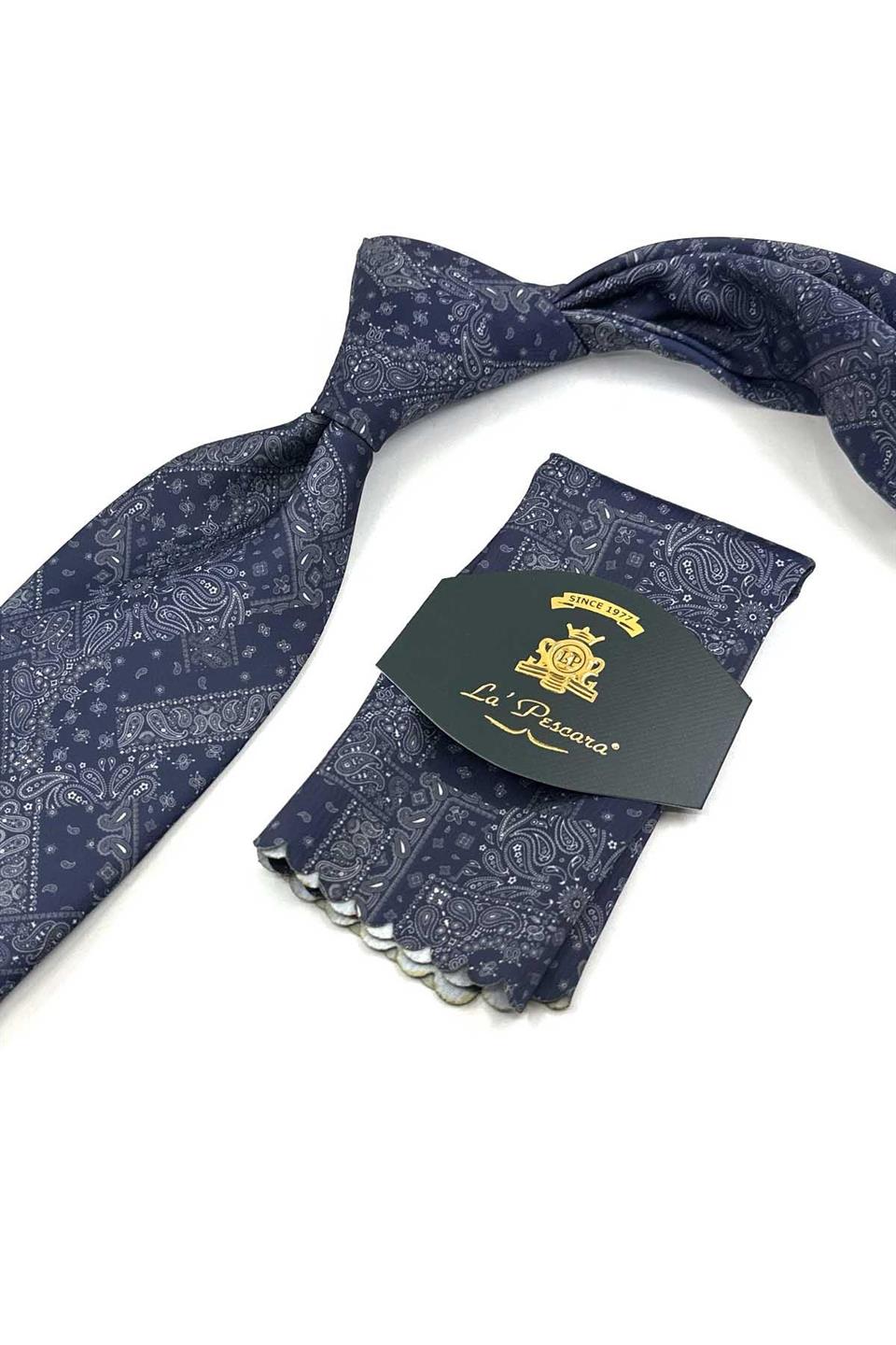 Lacivert Motif Desen Baskılı Mendilli Klasik Kravat KK13356