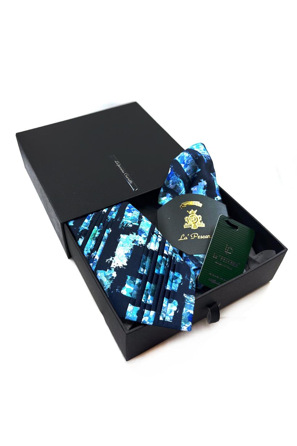 Lacivert Motif Desen İtalyan Piliseli İpek Kravat EST168