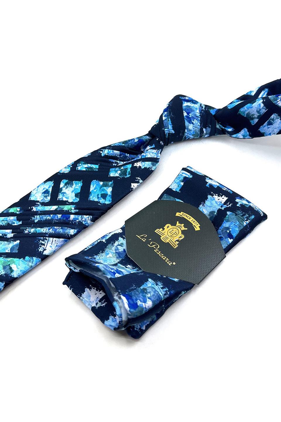 Lacivert Motif Desen İtalyan Piliseli İpek Kravat EST168