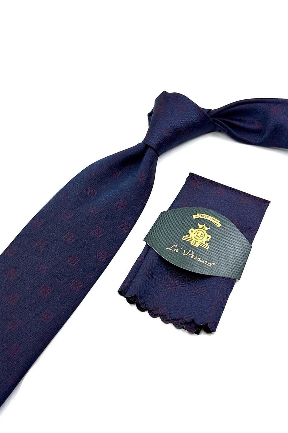 Lacivert Motif Desen Mendilli Klasik Kravat KK12543