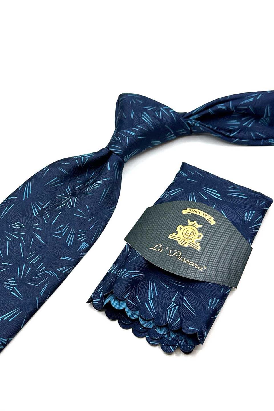 Lacivert Motif Desen Mendilli Klasik Kravat KK12919