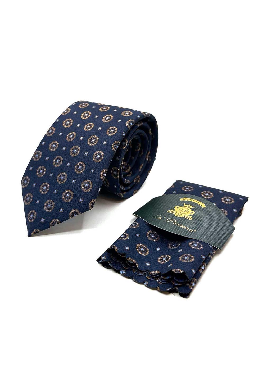 Lacivert Motif Desen Mendilli Klasik Kravat KK12907