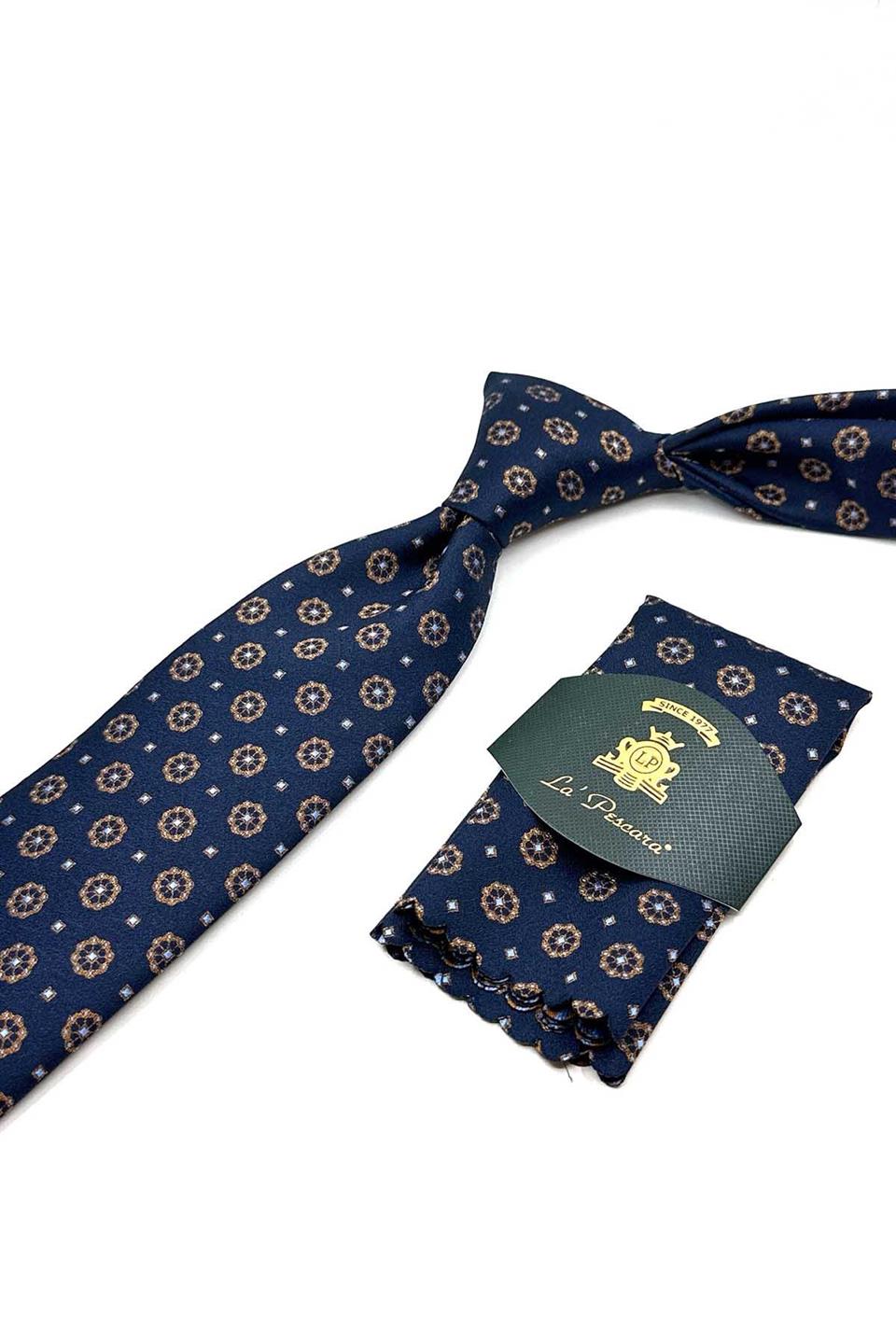 Lacivert Motif Desen Mendilli Klasik Kravat KK12907