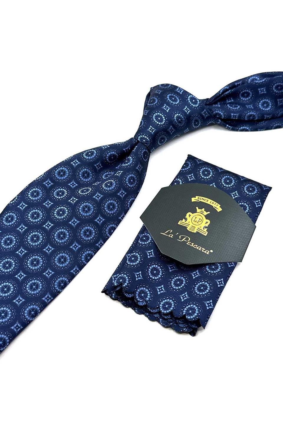 Lacivert Motif Desen Mendilli Klasik Kravat KK12656