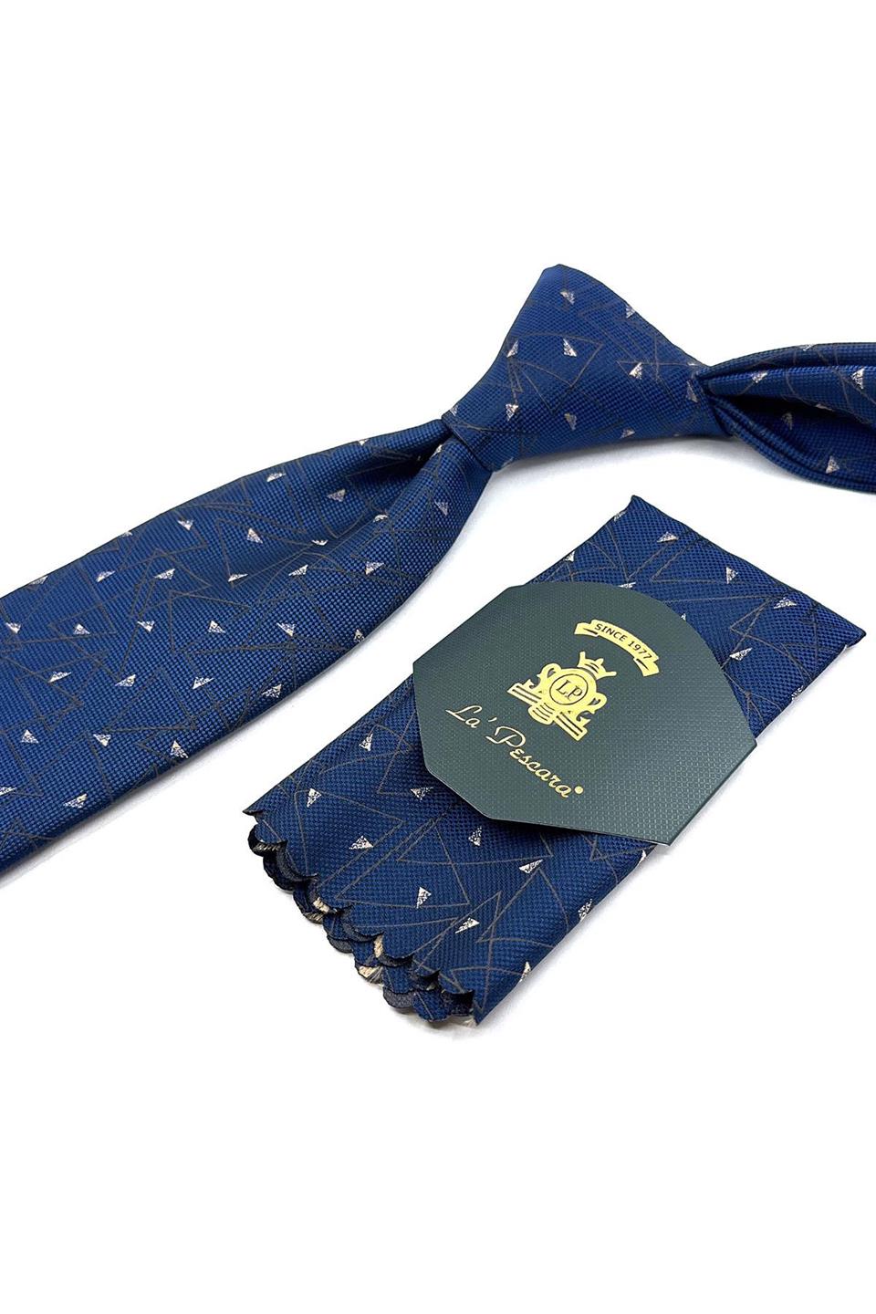 Lacivert Motif Desen Mendilli Klasik Kravat KK11912