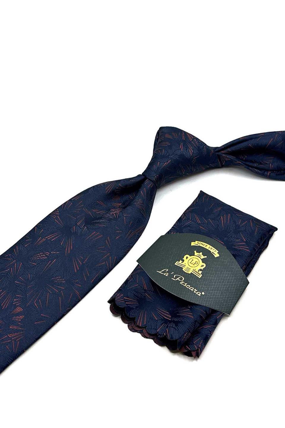 Lacivert Motif Desen Mendilli Klasik Kravat KK12922