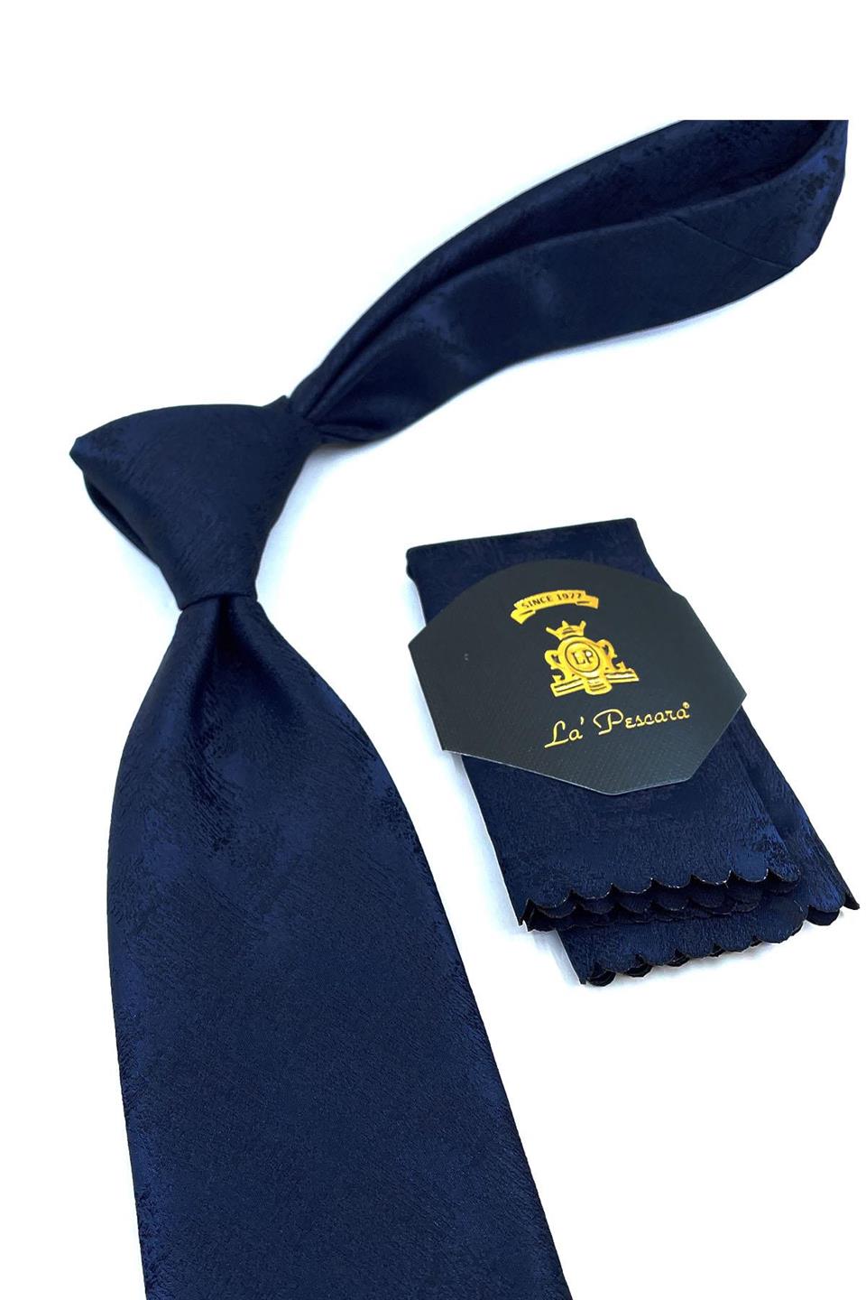 Lacivert Motif Desen Mendilli Klasik Kravat KK10981