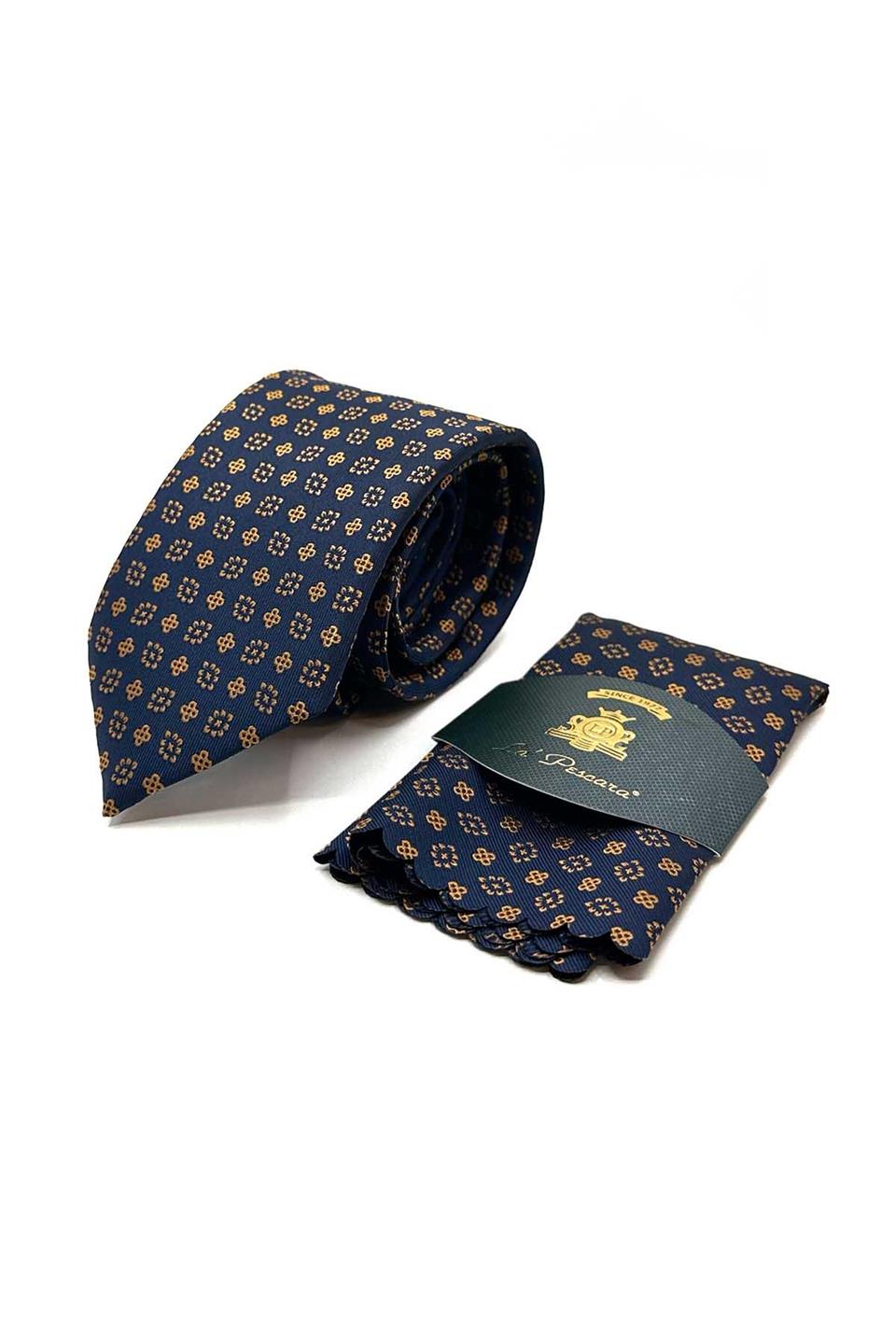 Lacivert Motif Desen Mendilli Klasik Kravat KK12982