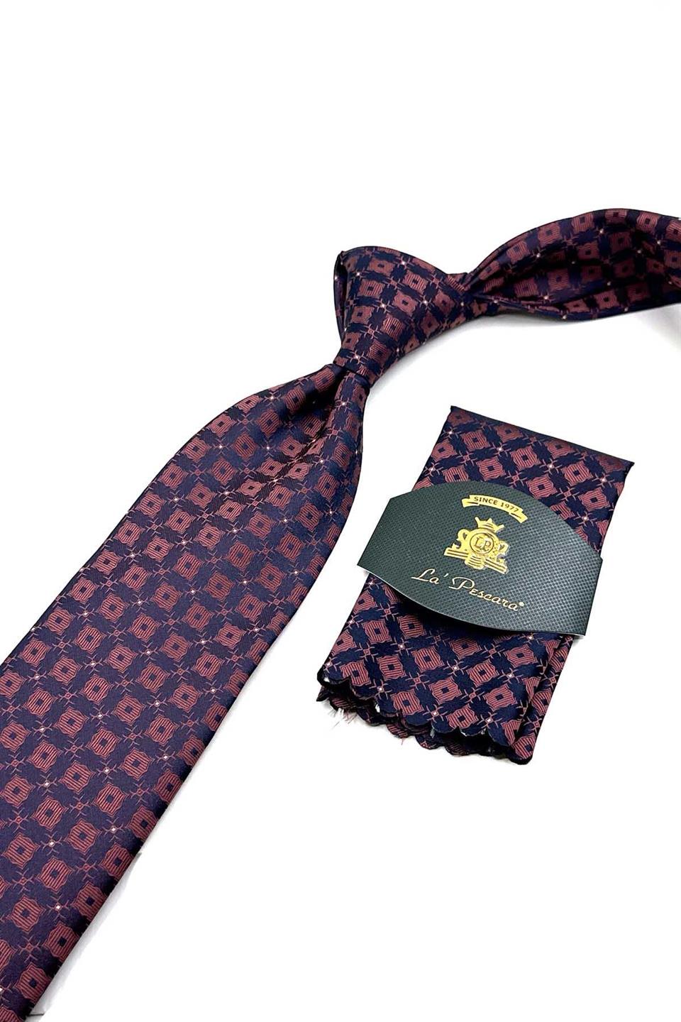Lacivert Motif Desen Mendilli Klasik Kravat KK12570